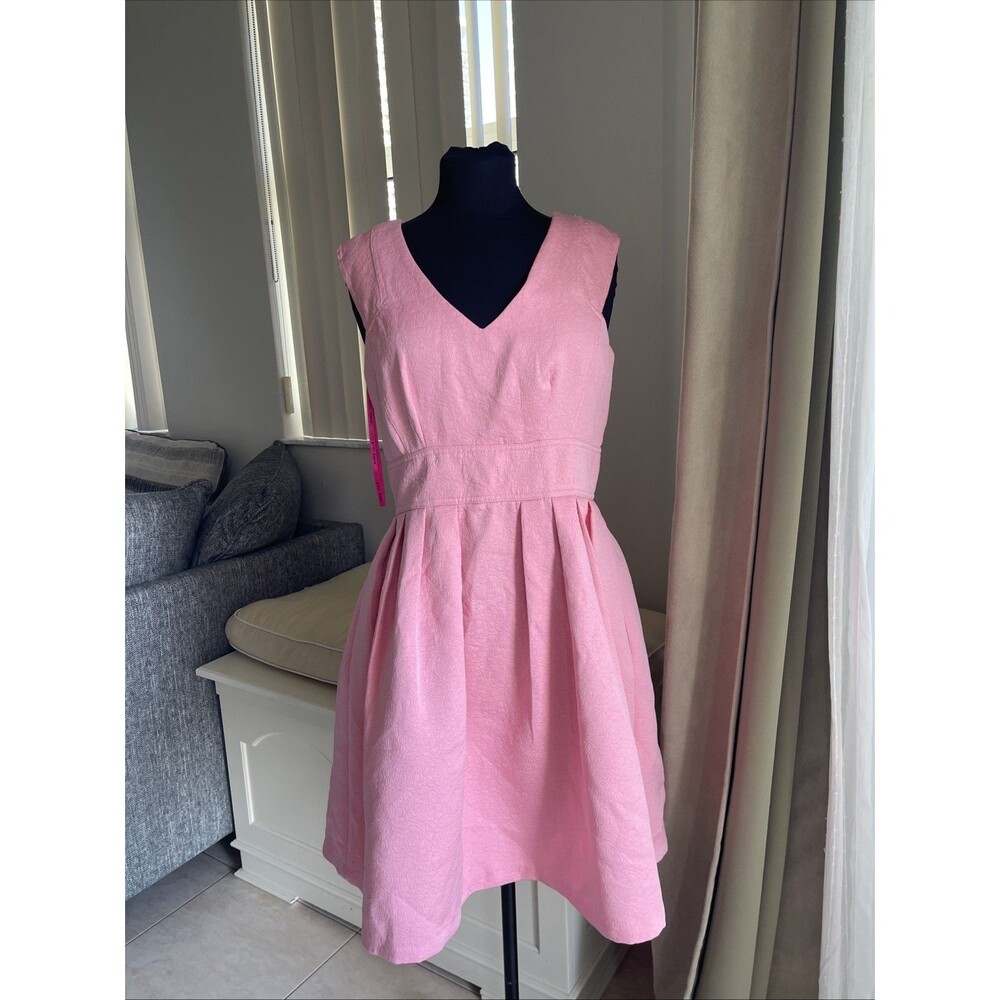 Betsey Johnson sleeveless V-neck pink Roses Textured dress Pockets 8